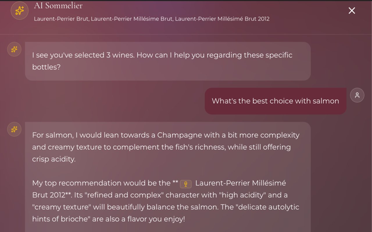 Decanta.ai AI sommelier recommending Laurent-Perrier Millésimé Brut 2012 as best pairing with salmon — showing intelligent food and wine matching