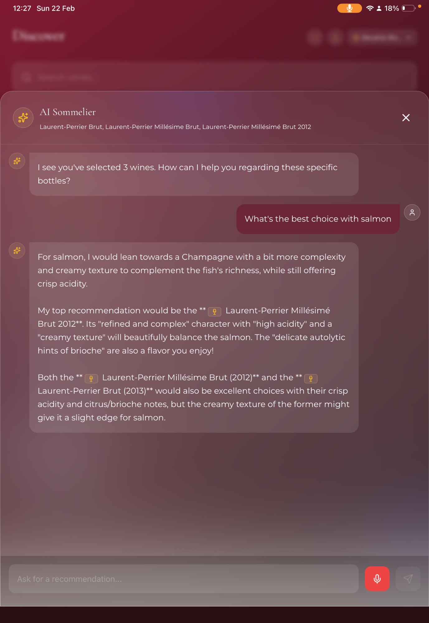Decanta.ai AI sommelier chat providing personalised wine pairing recommendations trained by Master Sommeliers
