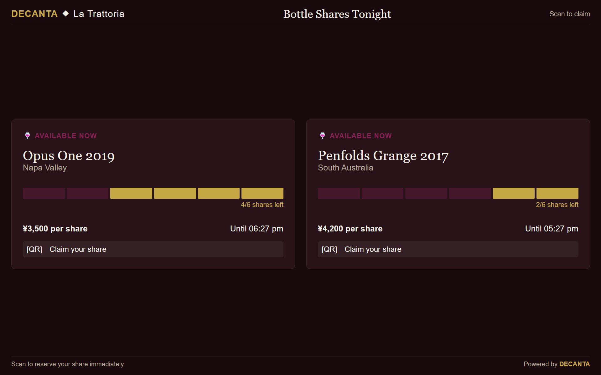 Decanta.ai Bottle Shares Tonight display at La Trattoria showing Opus One 2019 and Penfolds Grange 2017 available by the glass with live share counts