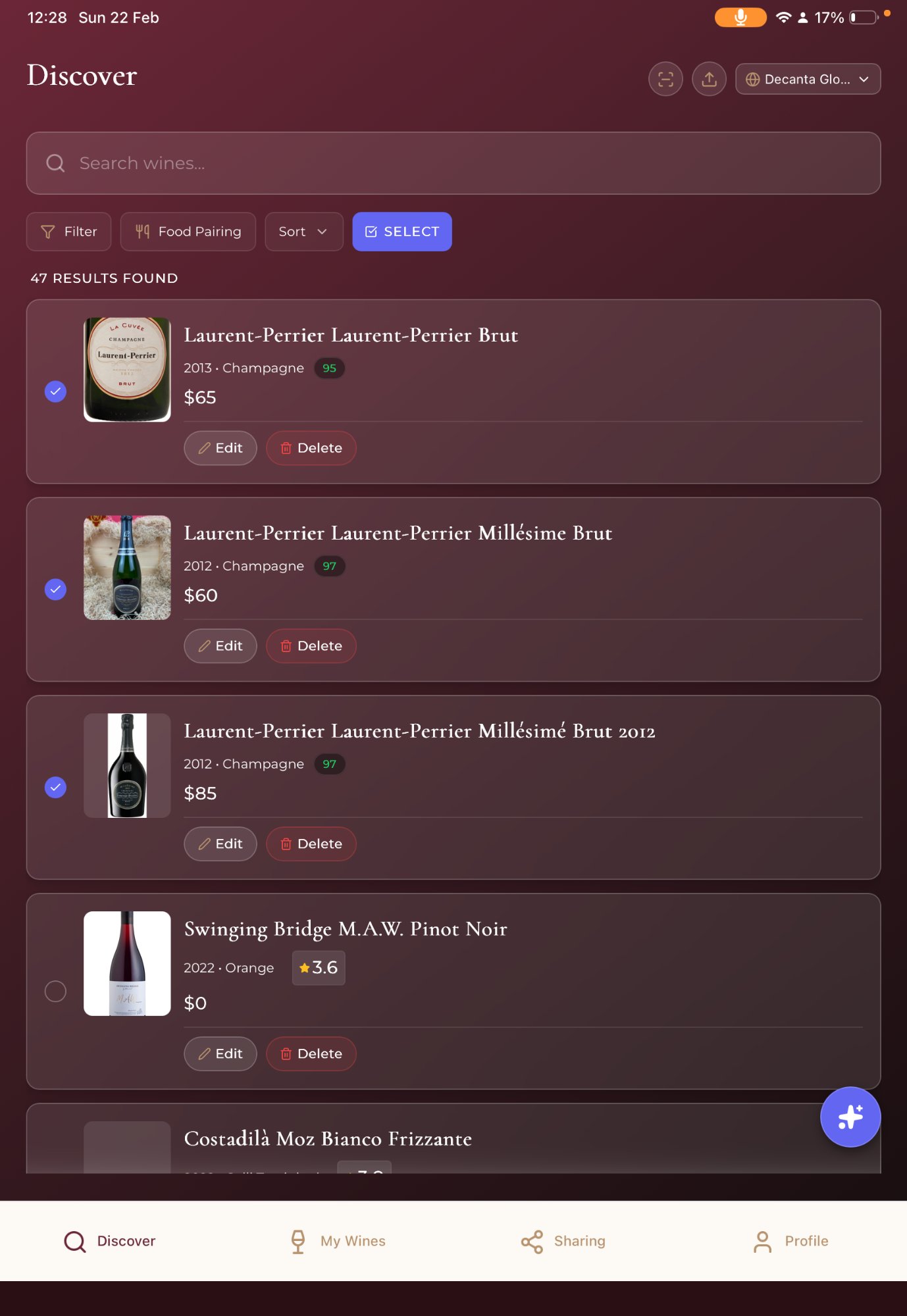 Decanta.ai wine discovery app showing wine search with tasting notes, ratings and food pairings