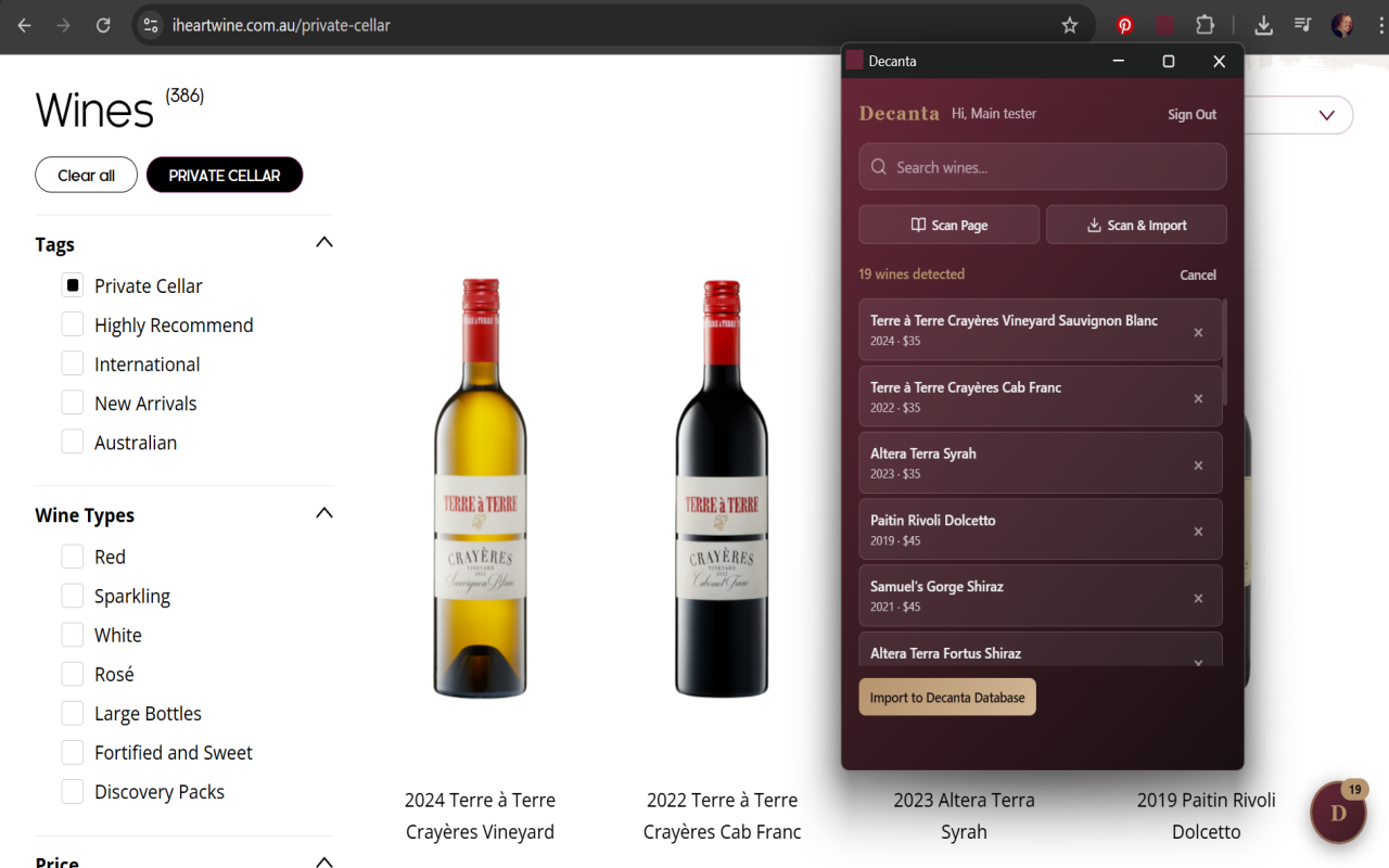 Decanta Wine Companion browser extension scanning 19 wines on a wine retailer page and importing them to the Decanta cellar
