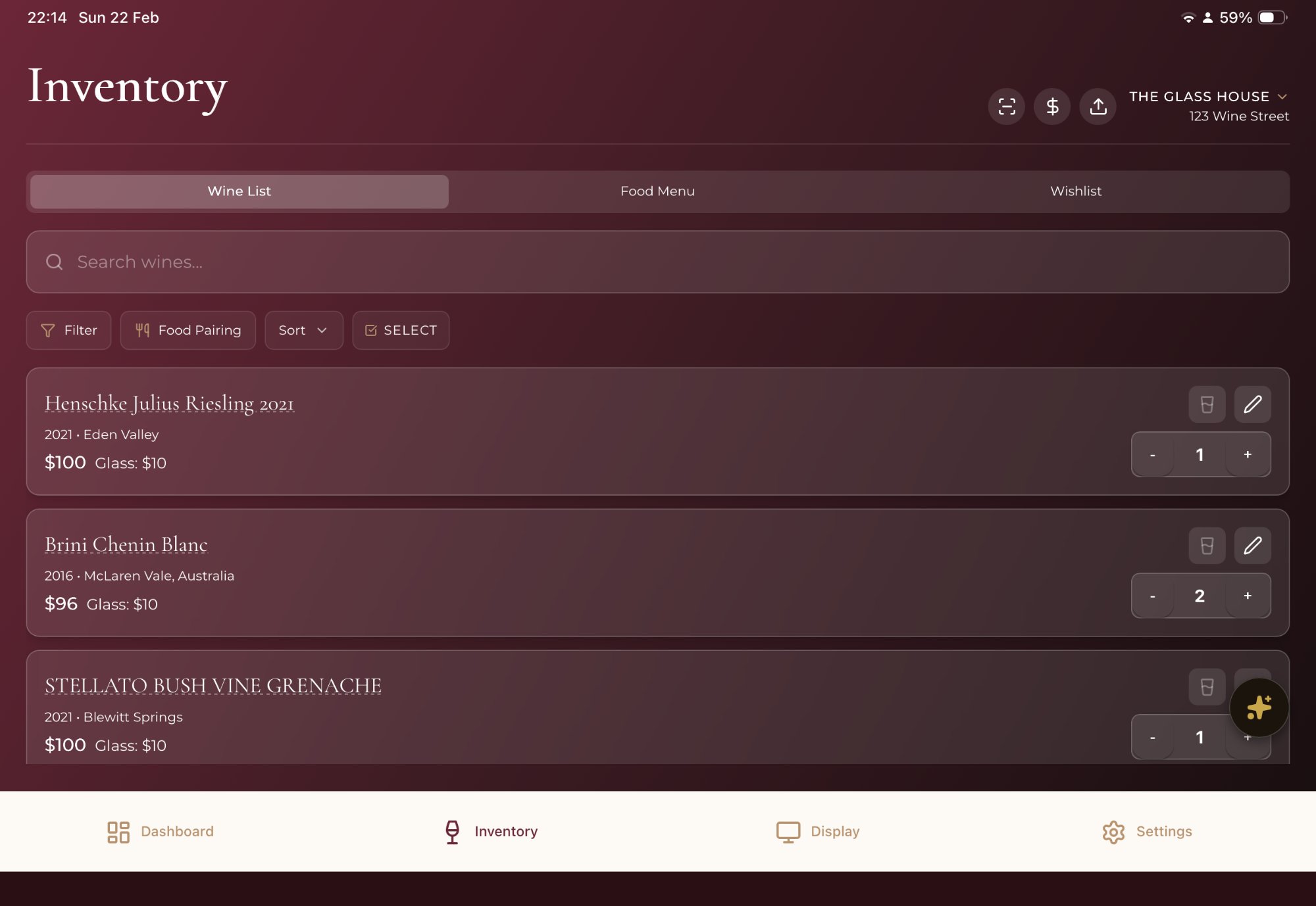 Decanta.ai venue inventory management at The Glass House showing wine list with bottle and glass pricing for Henschke, Brini and Stellato wines